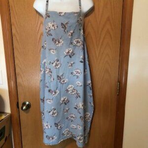 Vintage 1950s Lightweight Long Cotton Apron Blue Roses Pockets Adjustable Size